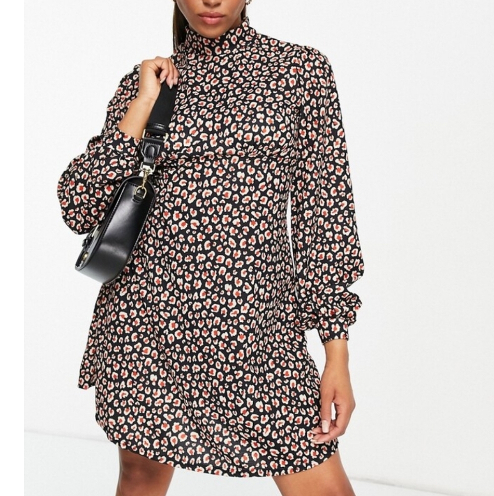 Asos Dress 14 Mini Leopard Print Balloon Sleeve Keyhole Classic Boho Chic